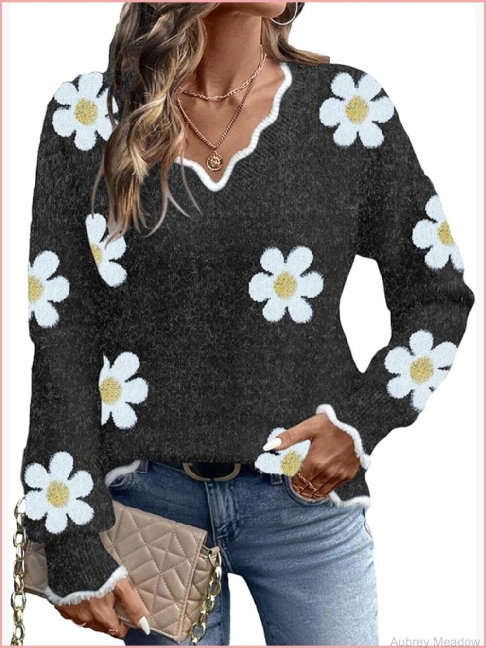 Daisy Flower Print V-Neck Pullover Sweater Long Sleeve Ribbed Knit